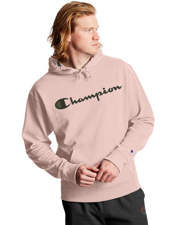 Champion Mens Hoodie NZ - Powerblend Fleece Script Logo Pink ( 2378-XUOKQ )